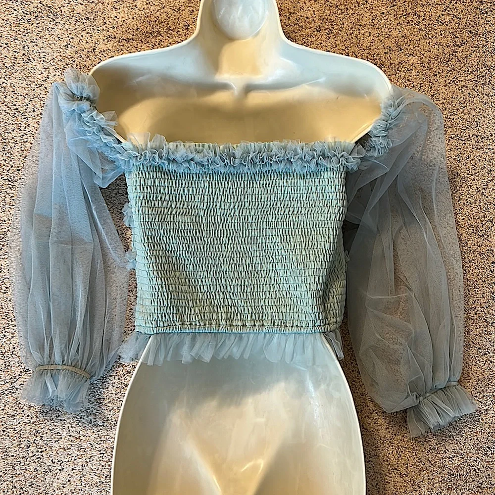 Mable Dreamy Wispy Sea Foam Green Ruffle Tulle Off Shoulder Shirt Top *Size L* - Picture 2 of 3